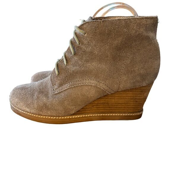 J Jill Taupe Suede Wedge Heel Ankle Booties Boots Laced Stack Wood Heel Size 10 - Picture 4 of 10